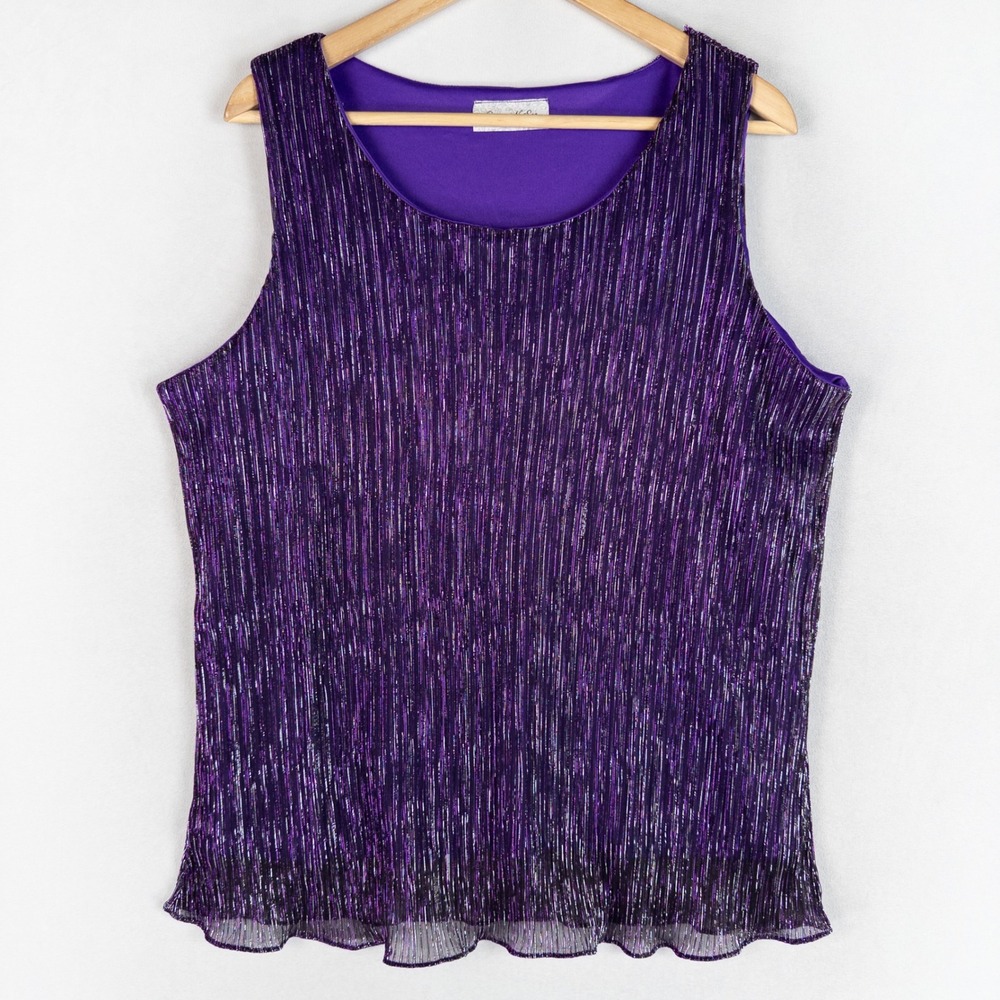 Come N See Womens Tank Top 1X Purple Metallic Plisse Pleated Shimmer Sleeveless